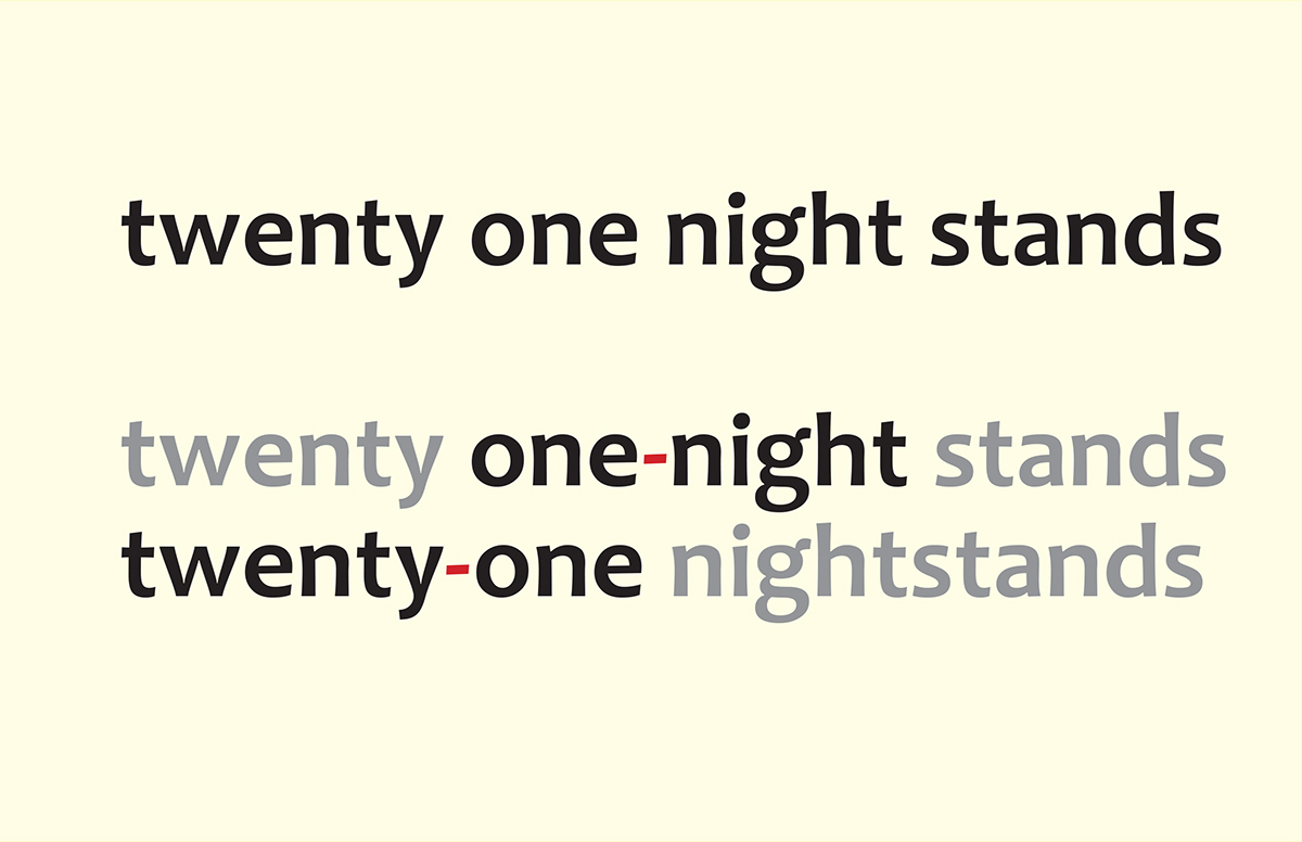 Slide of “twenty one night stands” with various ways of hyphenating those words