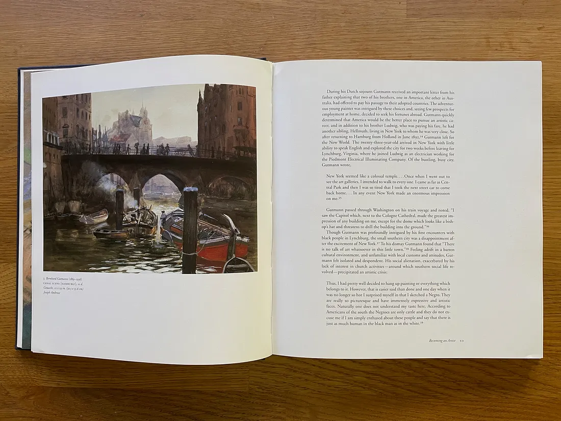 Page spread from “Bernhard Gutmann: An American Impressionist”, with painting on one page facing text on the other.