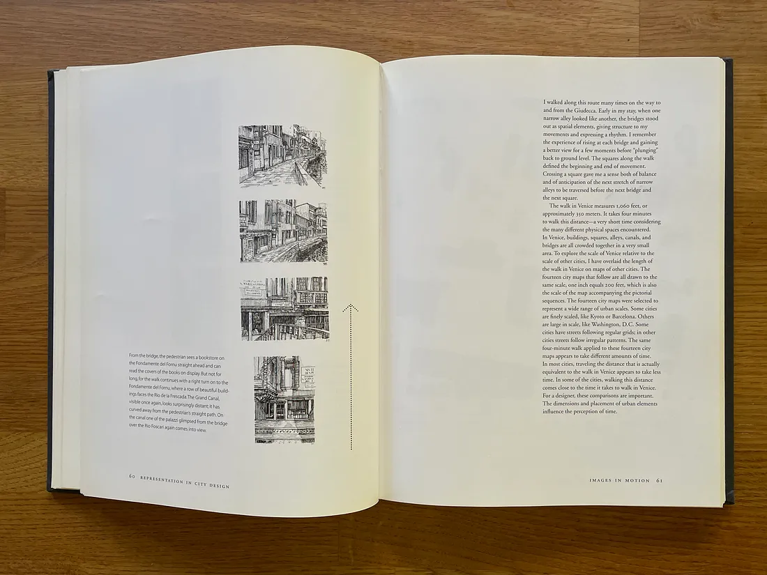 Page spread from “Representation of Places” with narrow column of text on right, and small block of commentary text on left next to column of drawings of a walk through Venice, arranged to move upward on the page.