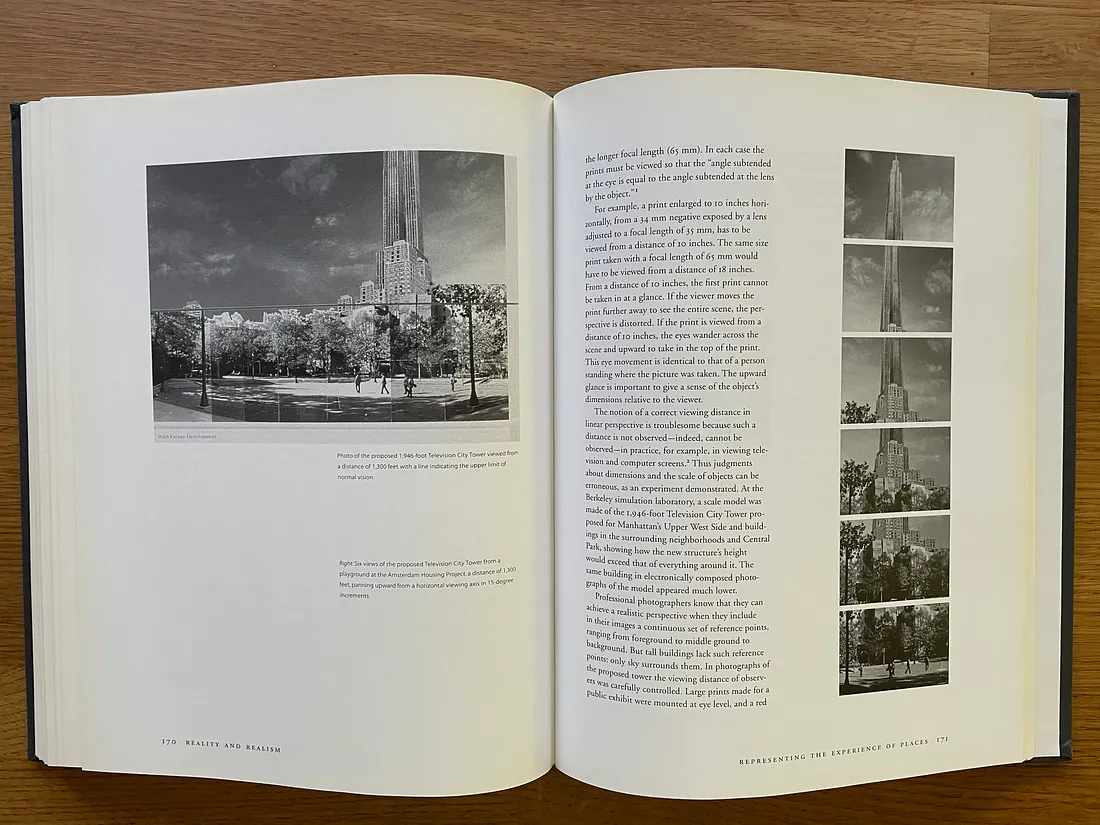 Page spread from “Representation of Places” with photo of tall building on left; on right, a column of text next to a column of iterations of images of the building from ground to sky, suggesting upward movement.