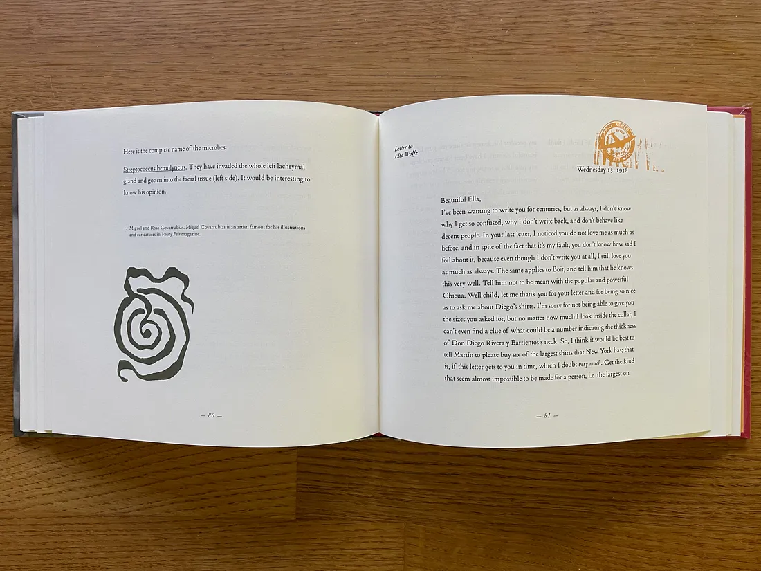 Page spread from “The Letters of Frida Kahlo”, with text plus two visual elements on facing pages, each in a different second color.