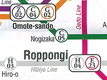 Close-up of Roppongi and nearby stations on Tokyo Metro map